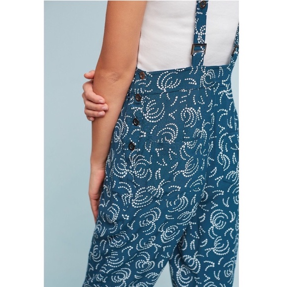 Anthropologie Maeve Tidal Jumpsuit Overalls Large Teal Blue White Boho Pockets - Picture 3 of 9
